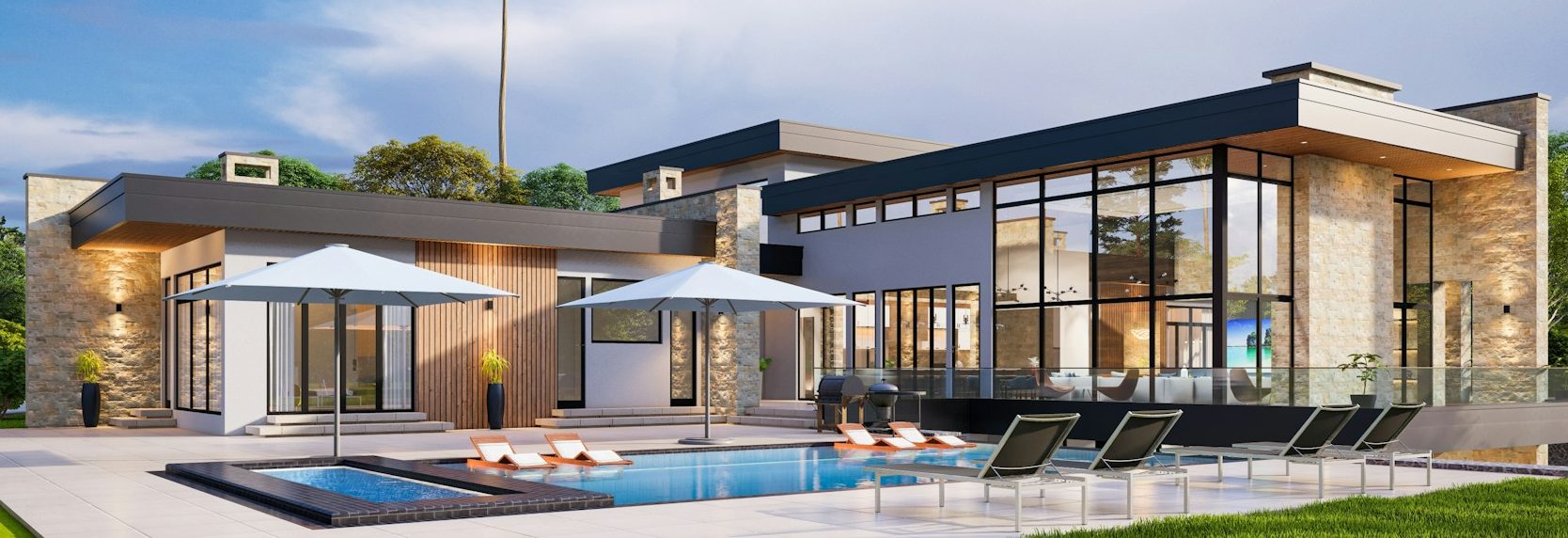 Haus Dienheim Moderne Villa mit Pool, Sonnenliegen und großzügiger Glasfront, umgeben von Rasenfläche.